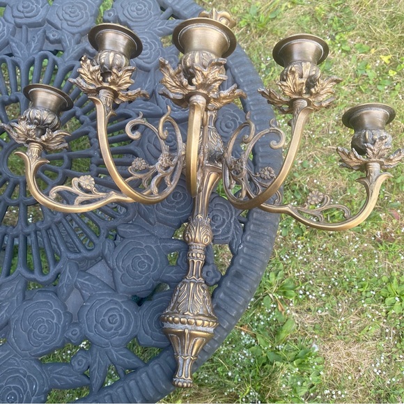 2 Vintage Baroque Style Large Brass Five Candle Candelabra From 1970 - Picture 3 of 16